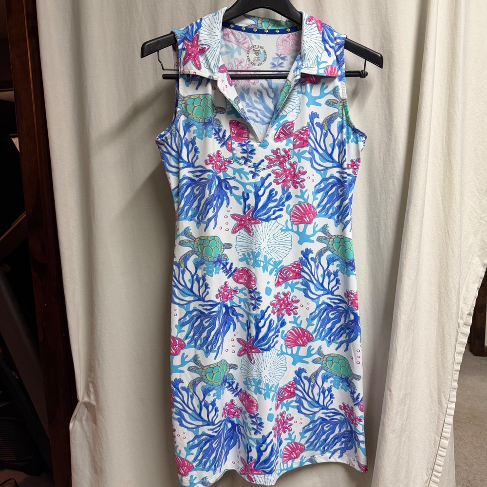 Banana Boat UPF 50+ Sea Turtle Coral Print Sleeveless Polo Sun Dress Large